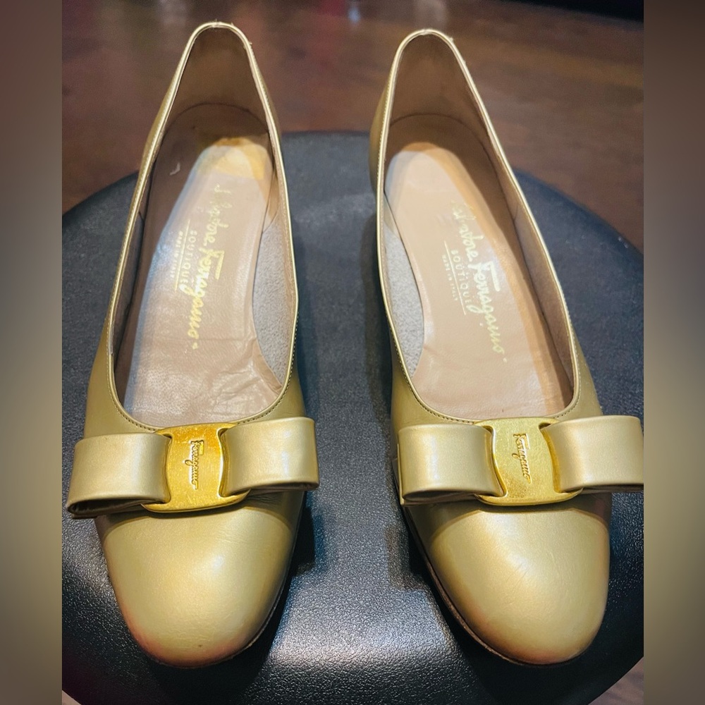 Salvatore Ferragamo Gold Flats with Signature Vara Bow